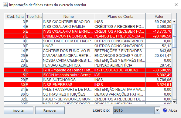 Para copiar as fichas juntamente como os saldos para o novo exercício, selecione o exercício anterior de onde os registros serão copiados, neste caso, 2015.