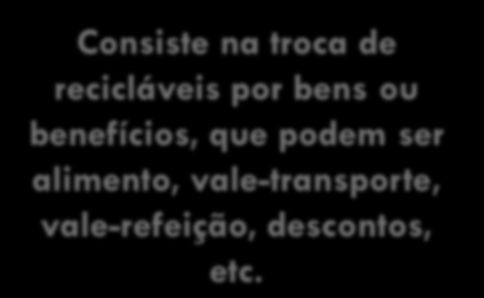 POSTOS DE TROCA Consiste na troca de recicláveis por