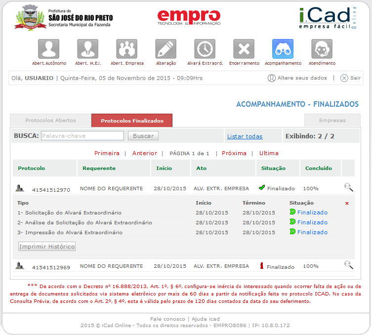 Aba Protocolos Finalizados Também é possível emitir o Alvará de Licença