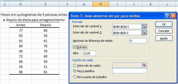 13 Figura 19 Janela de seleção de dados e opções para o teste-t para duas amostras