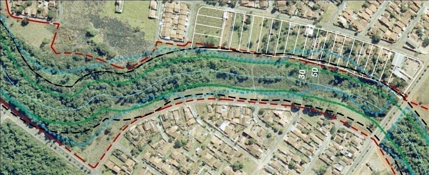 Critérios para definição do limite do Parque Linear LOTEAMENTO FAIÇALVILLE PERÍMETRO DO PARQUE LINEAR MANCHA DE INUNDAÇÃO SITUAÇÃO 1 SITUAÇÃO 2 APP 30m Critérios gerais adotados para definição do