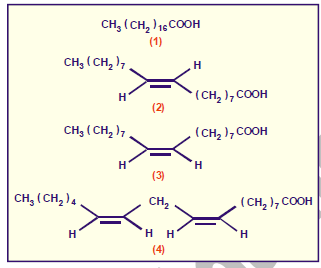 a) o composto 4 é um ácido carboxílico de cadeia aberta contendo duas duplas ligações conjugadas entre si. b) os compostos 2 e 3 são isômeros cis- trans.
