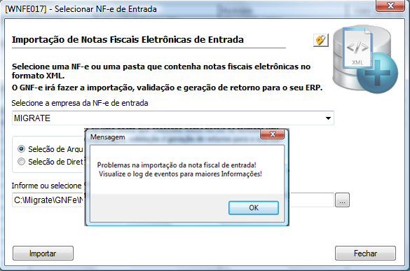 Tela 154 Mensagem de problema 23.3 Importação automática de NF-e de Entrada Para as NF-e de Entrada pode-se configurar para que o GNF-e monitore uma conta de e-mail através do GNFeListener.