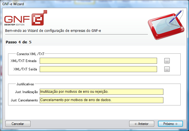 Tela 25 GNF-e Wizard Conector XML e Justificativas Quando a opção do usuário de conector for XML ou TXT, devem ser criados os diretórios de entrada e saída onde o ERP e o GNF-e irão processar os