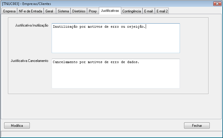 Tela 58 Empresas/Clientes Justificativas O serviço de contingência é definido pela parametrização, de acordo com a intervenção do usuário.