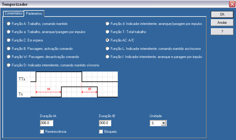 0 Unidade: S (S maiúsculo) Reminiscência e Bloqueio: Desativados Temporizador Cd: Nome: Tempo Cd Modelo: Função