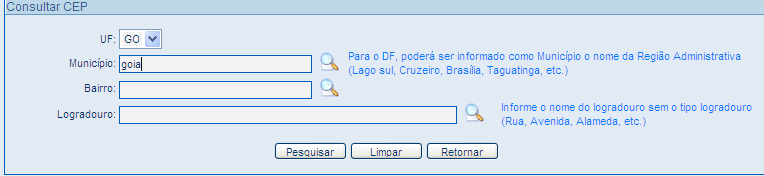 DIGITANDO O CEP: Ao digitar o código do CEP, automaticamente o sistema o buscará no banco de endereços da Sefaz e o carregará para a tela os dados: tipo de logradouro, o nome do logradouro, bairro,