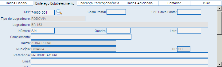 Logradouro: Após ter sido preenchido os campos município e bairro, não é preciso digitar nada no campo logradouro, basta clicar na lupa que o sistema listará todas as Rodovias, BR, Estradas, etc,