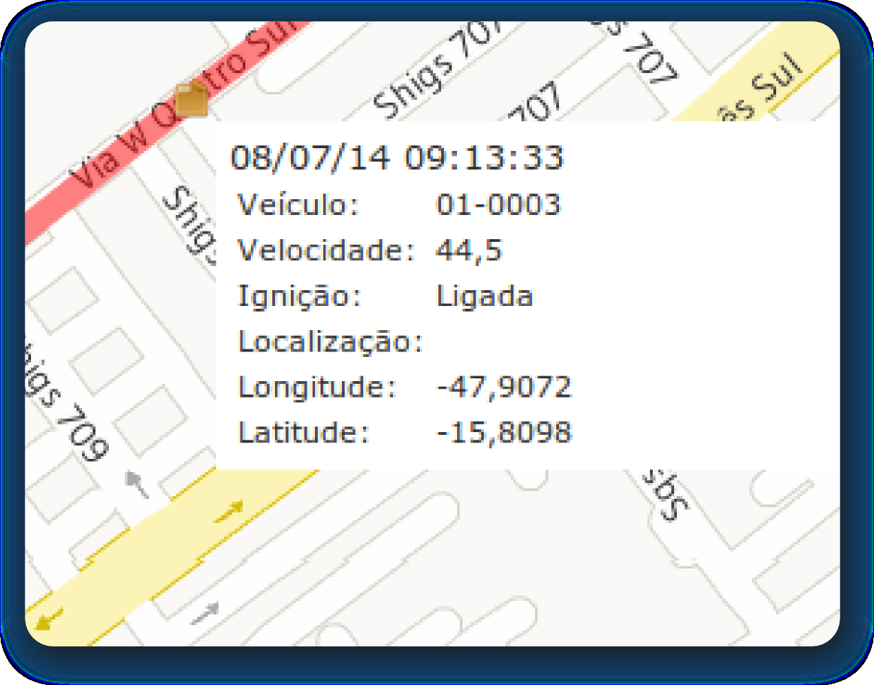 Após determinar o período que se pretende analisar, o sistema exibirá no mapa o percurso daquele veículo.