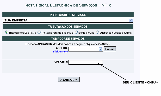4. EMISSÃO DA NOTA FISCAL Clique na opção Emissão de NF-e e aparecerá a seguinte tela: Informe o CNPJ (se for uma empresa) ou CPF (se for pessoa física) do seu cliente e clique em Avançar.