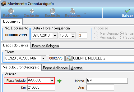 Figura 32 Parte Tela de Movimento de Cronotacógrafo - Aba Posto de Selagem. Incluir a placa do veículo do serviço, Figura 33.