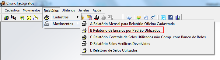 Figura 57 Visualização do Relatório para impressão. 4.2.2 Relatórios de Ensaios por Padrão Utilizado A Figura 58 demonstra o menu de acesso para o relatório de Ensaios por Padrão Utilizados.