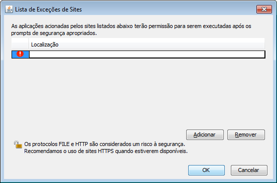 Clique na opção Adicionar para incluir uma nova linha, e será exibida a tela abaixo: Digite ou copie e cole os endereços http://procweb2.