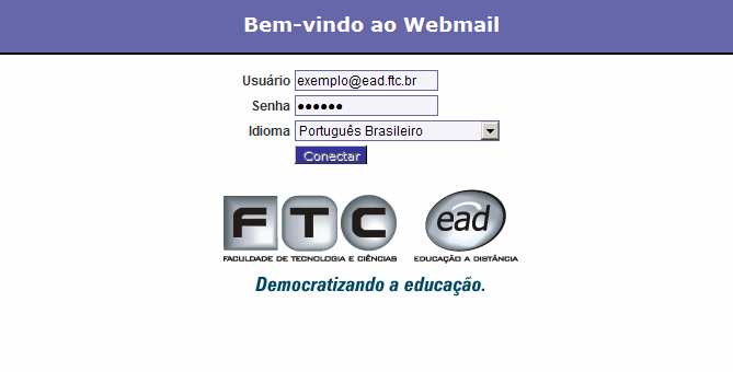 1. TELA INICIAL Na figura abaixo você pode visualizar a tela inicial do webmail. A URL de acesso é: http://mail.ead.ftc.br/.