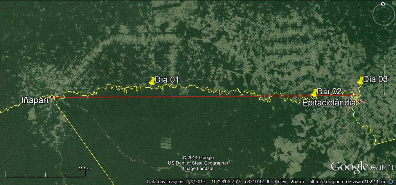 Museu e Banana. Foram mapeados 77 igarapés na margem esquerda do rio (lado brasileiro), representando 60% do total e 52 na margem direita (lado boliviano), representando 40% do total.