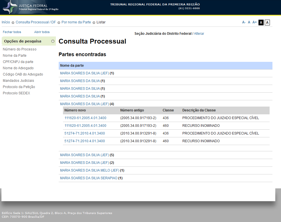 Figura 10 - Lista de processos vinculados ao nome da parte selecionada 4.