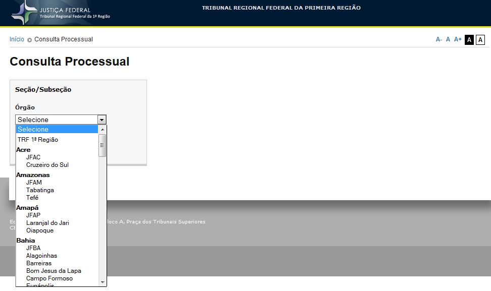 3 - TELA INICIAL DO SISTEMA Na tela inicial do sistema, é apresentada uma caixa de seleção com o título Seções/Subseções para a escolha do órgão desejado para a realização da consulta do processo.