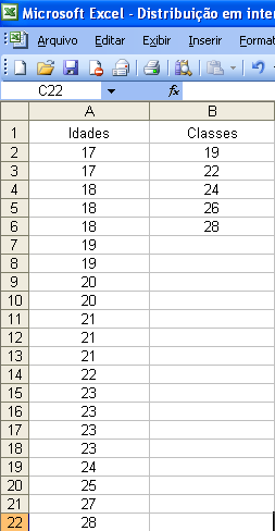 Vamos em ferramentas / análise de dados / histograma clicamos em ok e selecionamos o intervalo de entrada com o mouse de A1 a A22, o intervalo de bloco de B1 a B6, selecionamos rótulos para aparecer