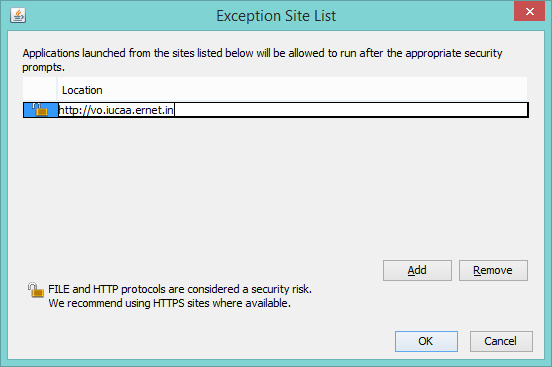 Clique no botão Edit Site List e abra o Exception Site List (Fig. 13): If you see this message (Fig. 10): Fig. 10: Bloqueio de segurança no Java.