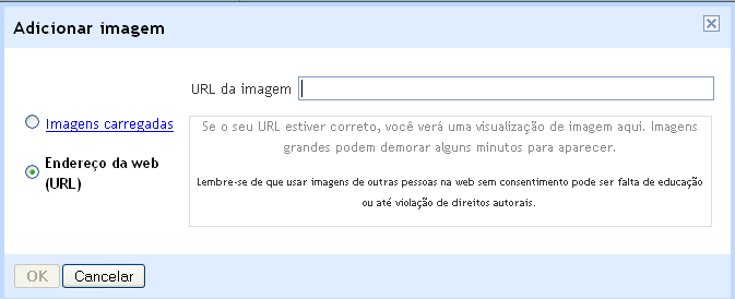 Clique em [Selecionar arquivo], como mostra a figura acima. Localize a figura em seu computador ou em mídia removível (CD, DVD ou pendrive). Aguarde até a imagem aparecer. Clique OK. Obs.