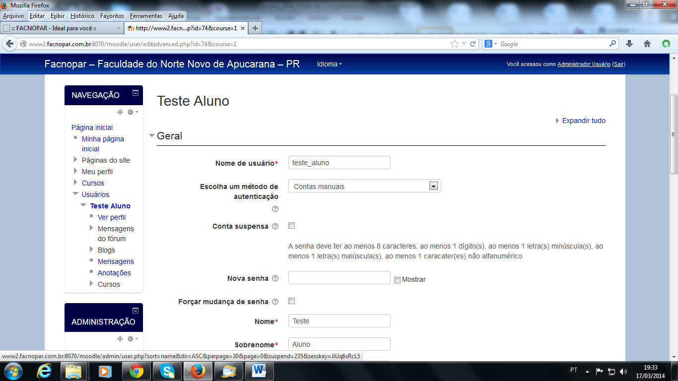 4 Após o acesso você será redirecionado a está tela para alteração de sua senha. Lembre-se: Seu login é o numero da sua matricula com todos os caracteres, inclusive os traços.