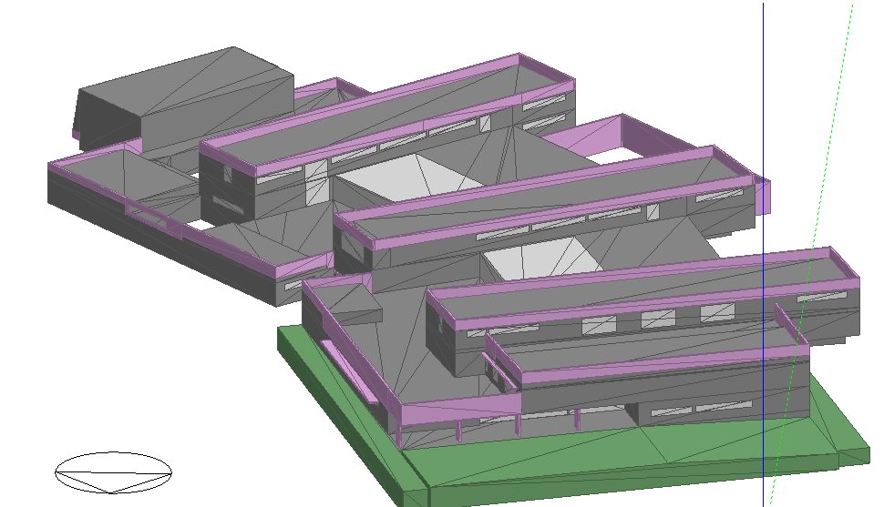 5. Caso de estudo Componente blocos, representado a lilás e a verde, são utilizados para gerar estruturas visuais e de sombreamento, blocos em contacto com o solo e edifícios vizinhos. Figura 5.