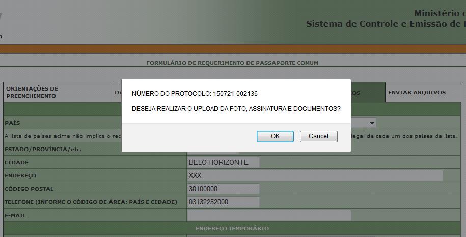 Nesse momento, será gerado um número de protocolo e o requerente poderá fazer o upload dos documentos de identificação, após clicar em OK : Foto, Assinatura,