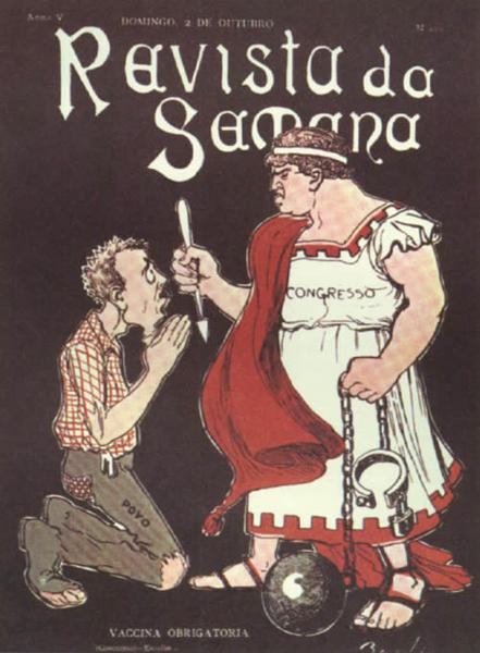 Histórico Brasil (Revolta da Vacina) Tiros, gritaria, engarrafamento de trânsito, comércio fechado, transporte público assaltado e queimado, lampiões quebrados à pedradas, destruição de fachadas dos