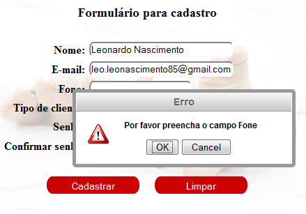 Será aberto um Formulário para Cadastro. Preencha-o com todas as suas informações. Se quiser corrigir as informações, você tem a opção de clicar no botão Limpar.