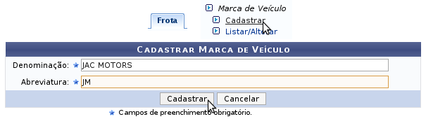 PARTE II CONTROLE DE FROTA CADASTRO DE VEÍCULOS Sempre que um novo veículo for adquirido para a frota de uma unidade, ou que a situação de um veículo já existente for alterada, os dados precisam ser