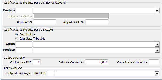 a) Em Cadastros\ Produtos\ Cadastro de Produtos criado o quadro Codificação do Produto para a DACON, separando as informações para geração do SPED PIS/COFINS e para DACON.