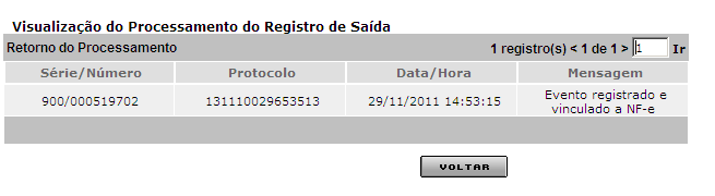O registro de saída incluso será exibido no container Registro de Saída Incluído. Para finalizar o registro de saída clique em.