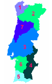 Figura 2.6. Regiões Hidrográficas para a classificação decimal. 1 Norte, 2 Douro, 3 Tejo, 4 Guadiana, 5 Algarve, 6 Sado e Mira, 7 Mondego.