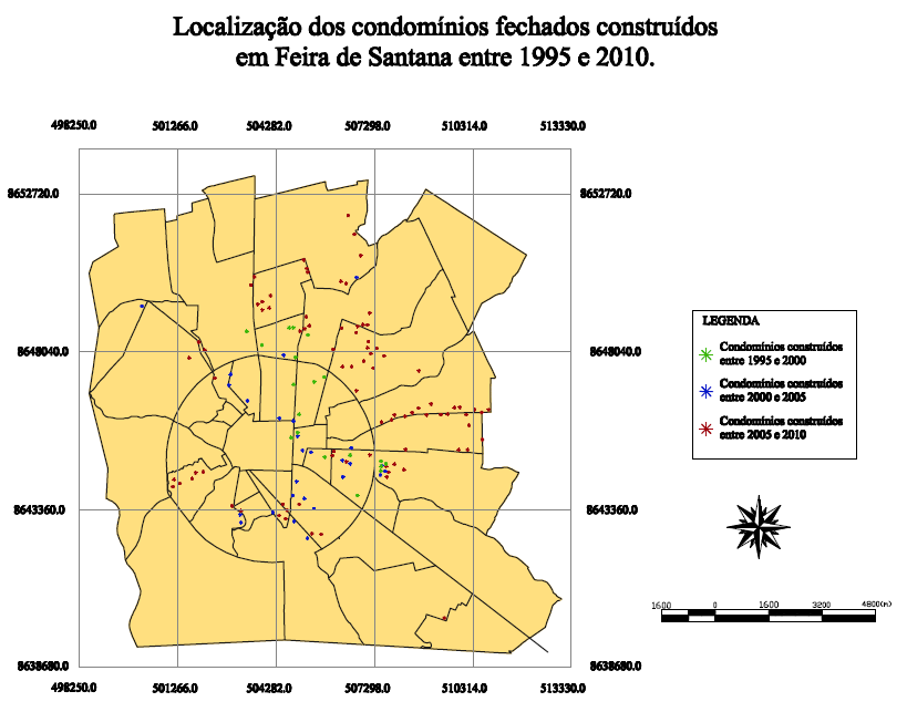 Figura 5: Localização dos condomínios construídos em Feira de Santana entre 1995 e 2010 Fonte: SEDUR (Figura editada pela autora) Foi feita a análise espacial dos dados mostrados na Figura 5.