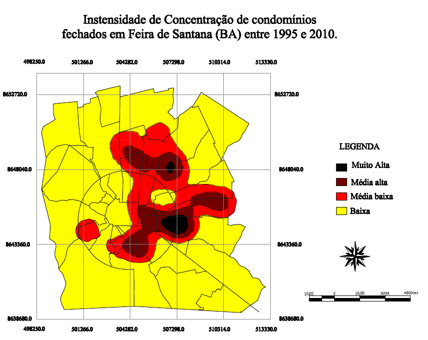 Figura 6: Intensidade de Concentração de Condomínios Fechados em Feira de Santana (BA) - 1995 a 2010 A análise dos dois mapas (Figuras 4 e 6) permite perceber uma semelhança no que tange à direção de