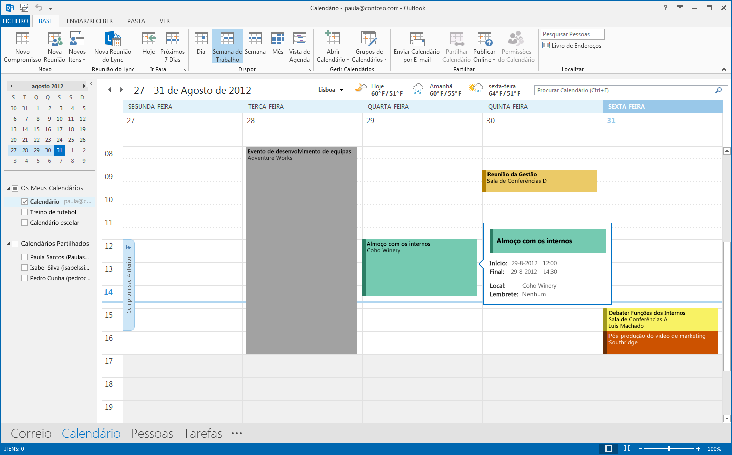 O correio não é a única função A comunicação é importante, mas o seu tempo também. O Outlook 2013 atualizou a forma de gerir o seu tempo, tarefas e pessoas.