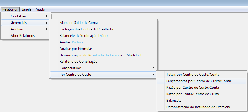 Totais por Centro de Custo/Conta (antigo Totais por Centro de Custo) Lançamentos por Centro de Custo/Conta (antigo Lançamentos por Centro de Custo) Razão por Centro de Custo/Conta Razão por