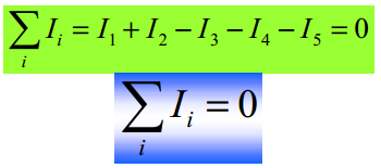 1ª Lei de Kirchhoff: Num circuito elétrico a soma algébrica das correntes elétricas que se dirigem para qualquer nó é nula, ou seja, a soma das correntes que entram é igual à soma das que saem.