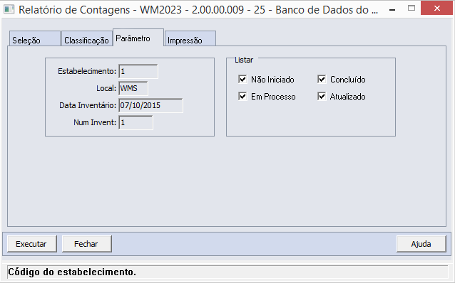 o Concluído Quando marcada essa opção, o sistema apresentará somente os endereços que já tiveram suas contagens concluídas no inventário WMS; o Atualizado Quando marcada essa opção, o sistema