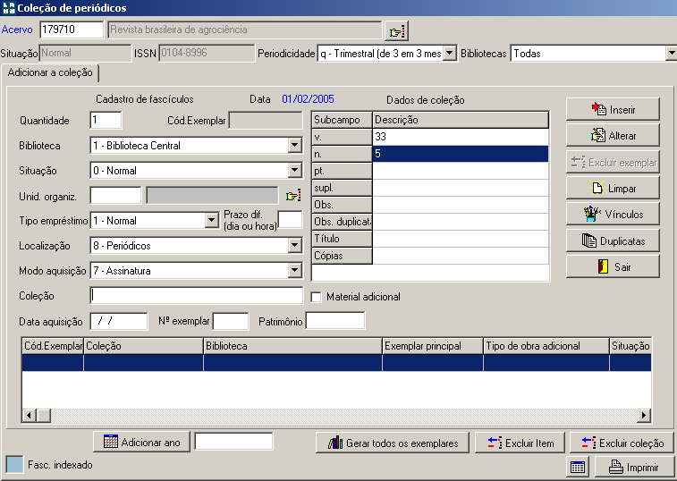 Periódicos Na pasta Adicionar a Coleção em Cadastro de Fascículos, escolher os dados