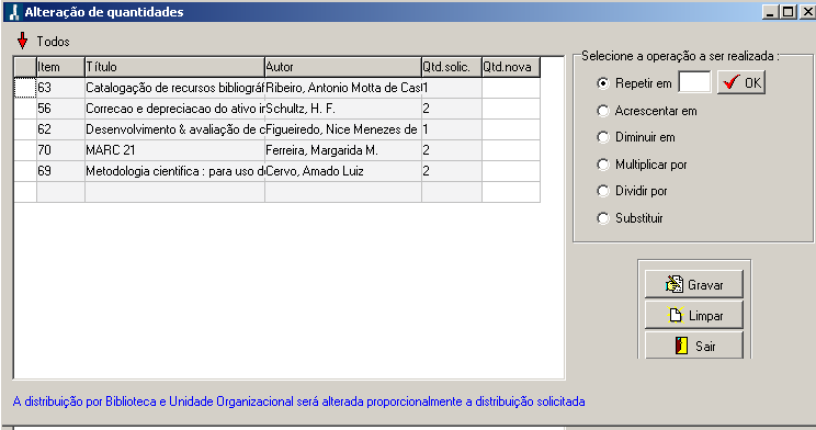 Sugestões de Compra trabalham com a Pré-sugestão). Quantidade solicitada informa a quantidade de itens solicitada pelo Funcionário e/ou professor. Situação em que o ítem se encontra.