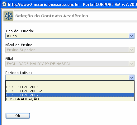 Selecione o Período Letivo (Per. Letivo 2007.