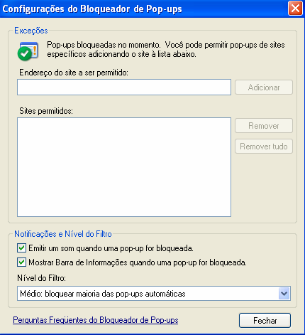 Como fazer? No Internet Explorer vá até o menu Ferramentas / Bloqueador de pop-ups. Clique sobre o item Configurações do Bloqueador de popups.