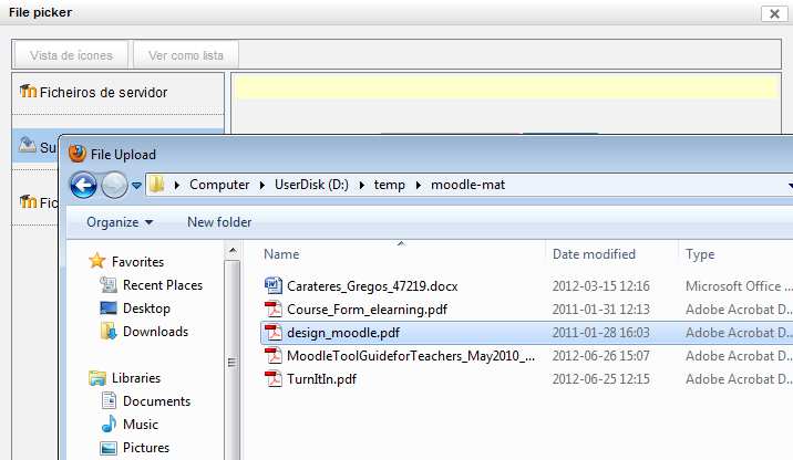 Para enviar os ficheiros para o Moodle a partir do seu computador, clique sobre Enviar ficheiro e de seguida em Browse : Fig.