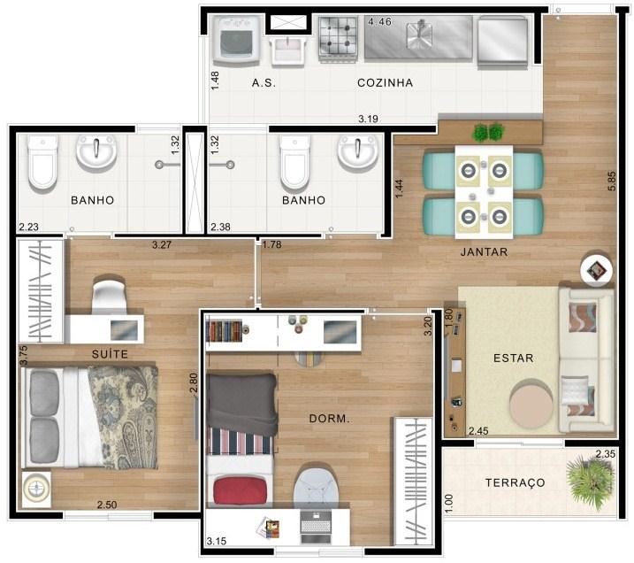 APARTAMENTO 2 DORM 57 m² VIVA VISTA Mirante 4 2 1. Living e Jantar integrados; 2.