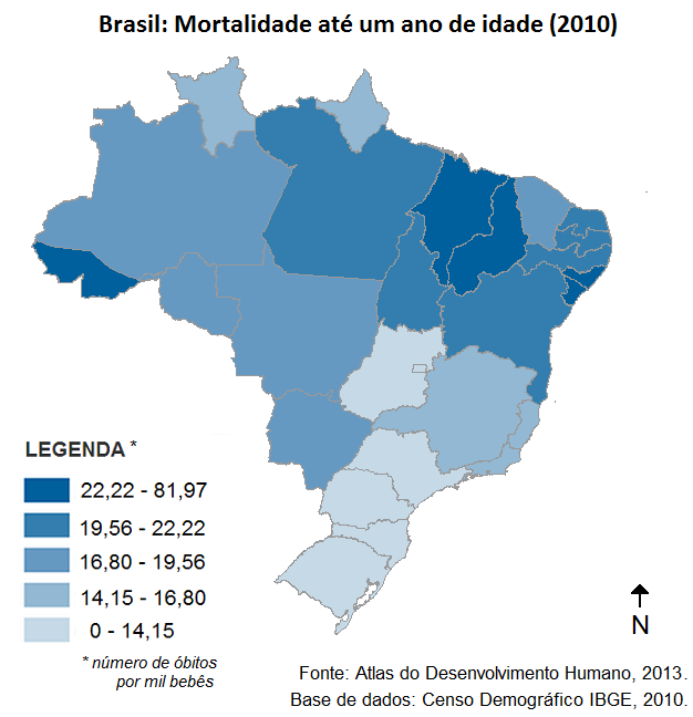 Atividade 8 Observe o mapa a seguir e responda as questões: Figura 14 Mortalidade infantil no Brasil (2010).