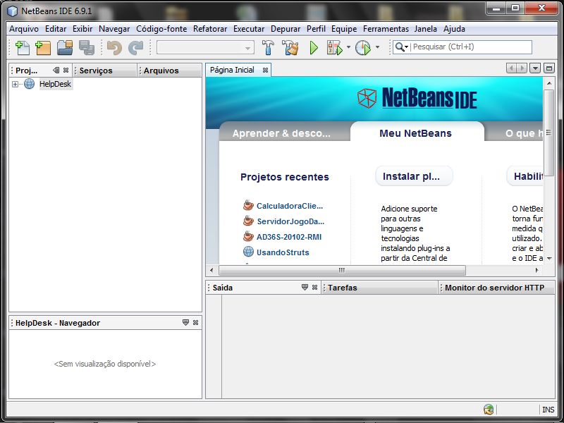 26 construção de software. A Figura 4 apresenta a interface da IDE NetBeans, um print screen da tela principal dessa ferramenta.