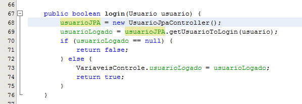 42 Listagem 1 Código para login ao sistema O método login (Listagem 2) é booleano e instancia a classe UsuarioJpaController, que é a classe que é responsável pelo acesso ao banco de dados quando o