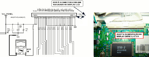 TEM ALIMENTAÇÃO NORMAL NO SCALER A - Meça a tensão nos pinos de +B que alimentam o display LCD - Esta tensão é medida no conector que vai ao display, sendo 3,3 V para o monitor de 15" e 5 V para