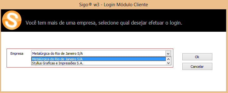 1.2. Acessando o Sigo w3 Business Módulo Cliente: Ao executar o Sigo w3 Business Módulo Cliente, a primeira janela exibida é a de Login: Para realizar este acesso insira o